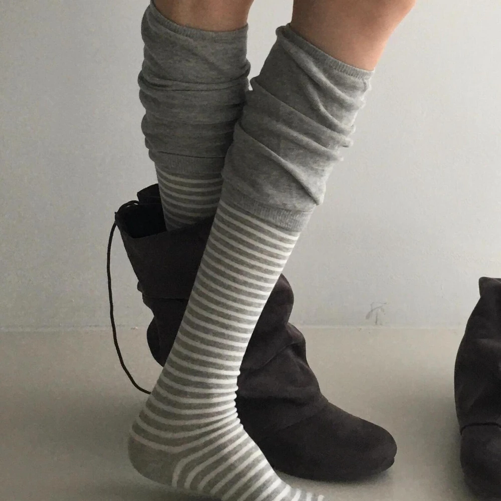 Color Block Stripe Ins Splicing Slouch Socks Y2K Punk Gothic Style Women Trendy Over Knee Socks Daily Commuting Long Socks