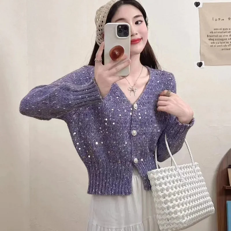 

Fashion Sequin V-Neck Knitted Cardigan Women Loose Autumn Winter New Elegant Solid Color Soft Knitwear Sweater Female Tops B808