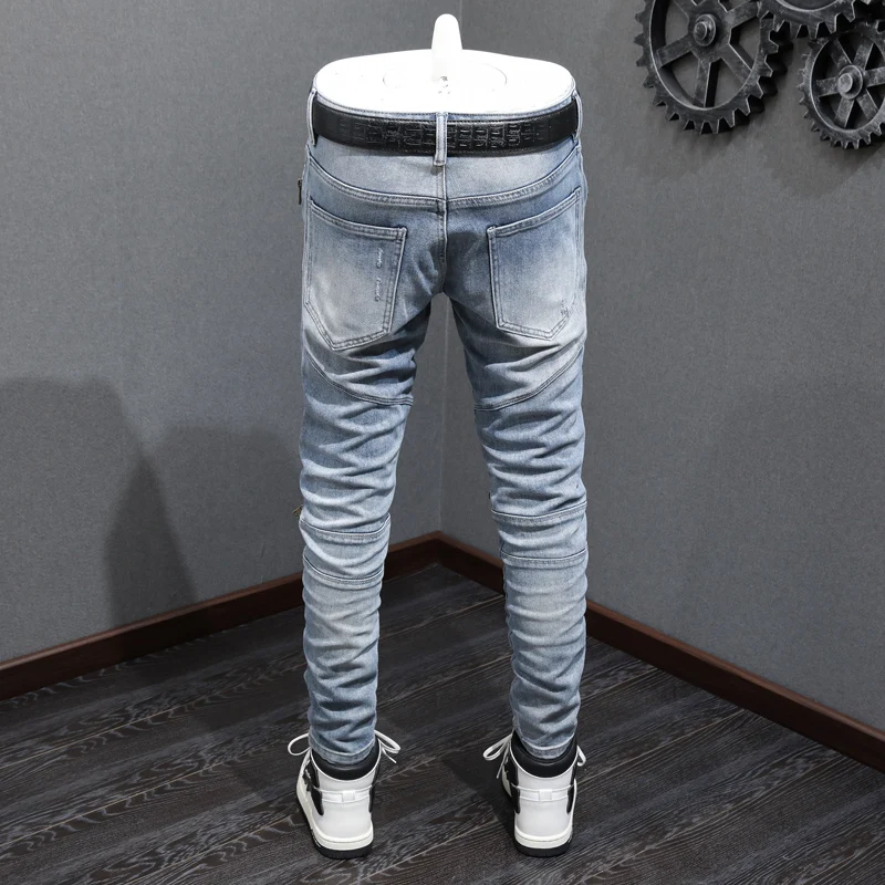Street Fashion Men Jeans Retro Light Blue Elastic Slim Fit Spliced Biker Jeans Homme Zipper Patched Designer Hip Hop Pants Men