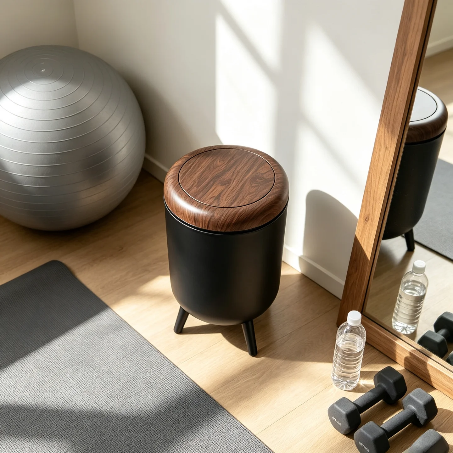 Mid‑Century Round Press‑Top Lidded Waste Can with Tripod Legs, Wood‑Grain Accent Decorative Trash Receptacle for Living Room, Bedroom & Bathroom