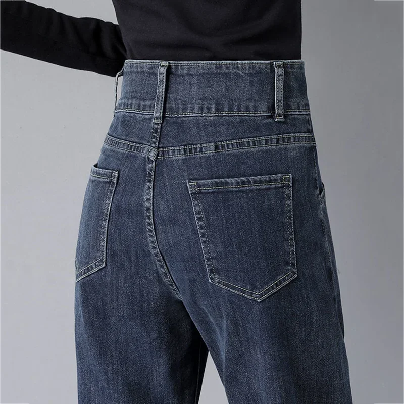 2024 New Korean Fashion Button Harem Jeans Women High Waist Girl Pants Student 92-96cm Ankle Classic Blue Casual Denim Trousers