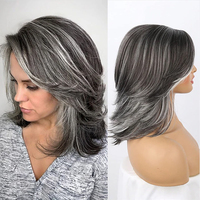 HAIRJOY Dark Gray Ombre Layered Wigs with  Bangs for Black Women Synthetic Hair Short Gray Highlight Straight  Layered Bob Wig