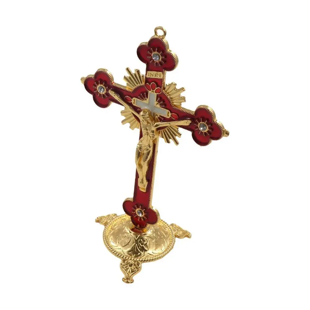 Creative With Stand Church Cross Ornaments No Fading Durable Alloy Cross Ornaments Handmade Plated Gold Statue Church