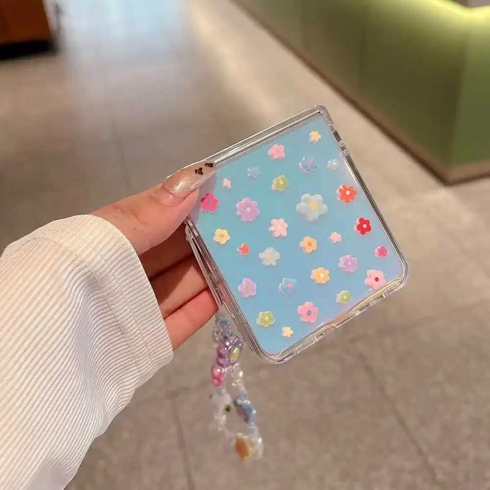 لسامسونج ZFlip 7 fe 6 5 حالة الصيف زهرة الفراولة الحب قوس قزح الديكور طوي غطاء الهاتف مع حبة ملونة الحبل #6