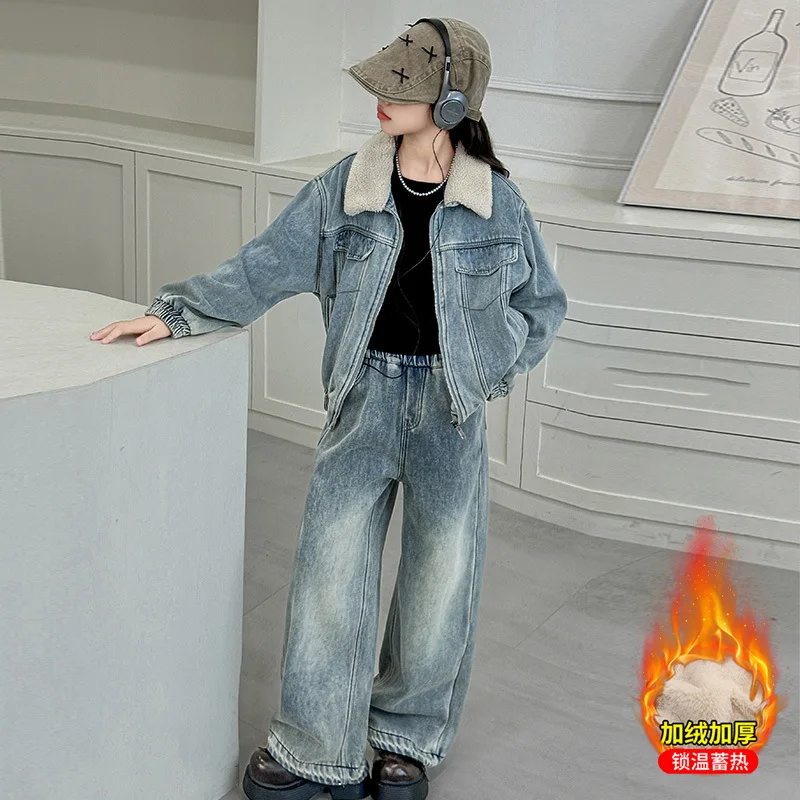 Girls Winter Korean Denim Set 2024 New Thick and Fleece Cold Warm Denim Set Coat and Pants Two-piece Set Clothes Fashion image 4