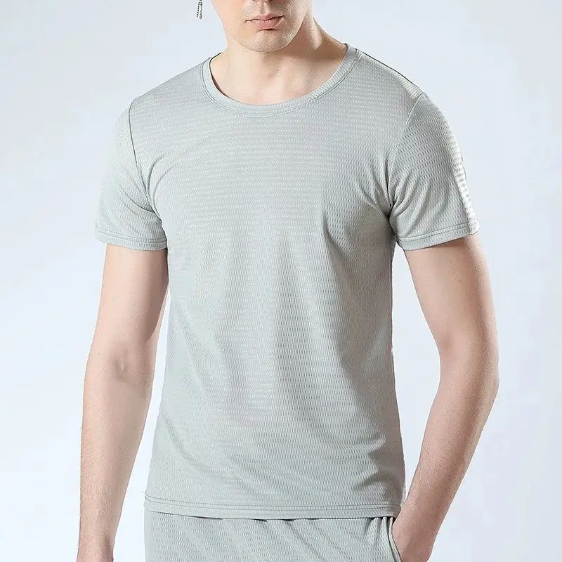 Summer New Men\'s Pajamas Tops Ice Silk Short-Sleeved T-Shirt Men\'s Summer Casual Men\'s Mesh Quick-Drying Sports Thin T-Shirt