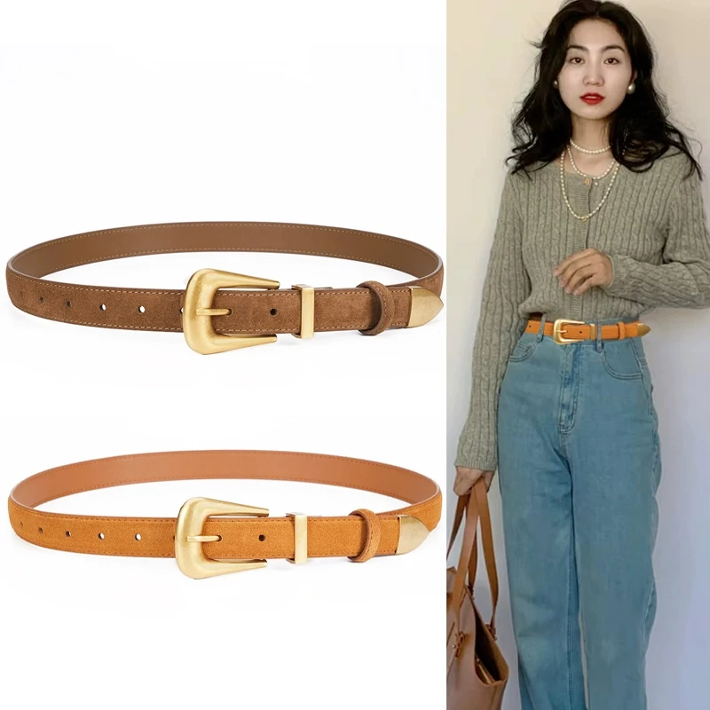 2024 new women‘s cowhides suede belt with vintage gold/silver buckle, genuine leather design for casual pants and skirts