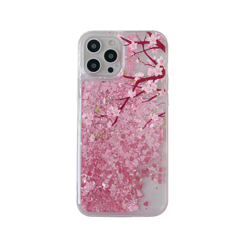 Peach Blossom Glitter Hearts 16 Case Cover for iPhone 15 14/13 Pro Max Quicksand Silicone Soft Shell Moving Sand Liquid Coque