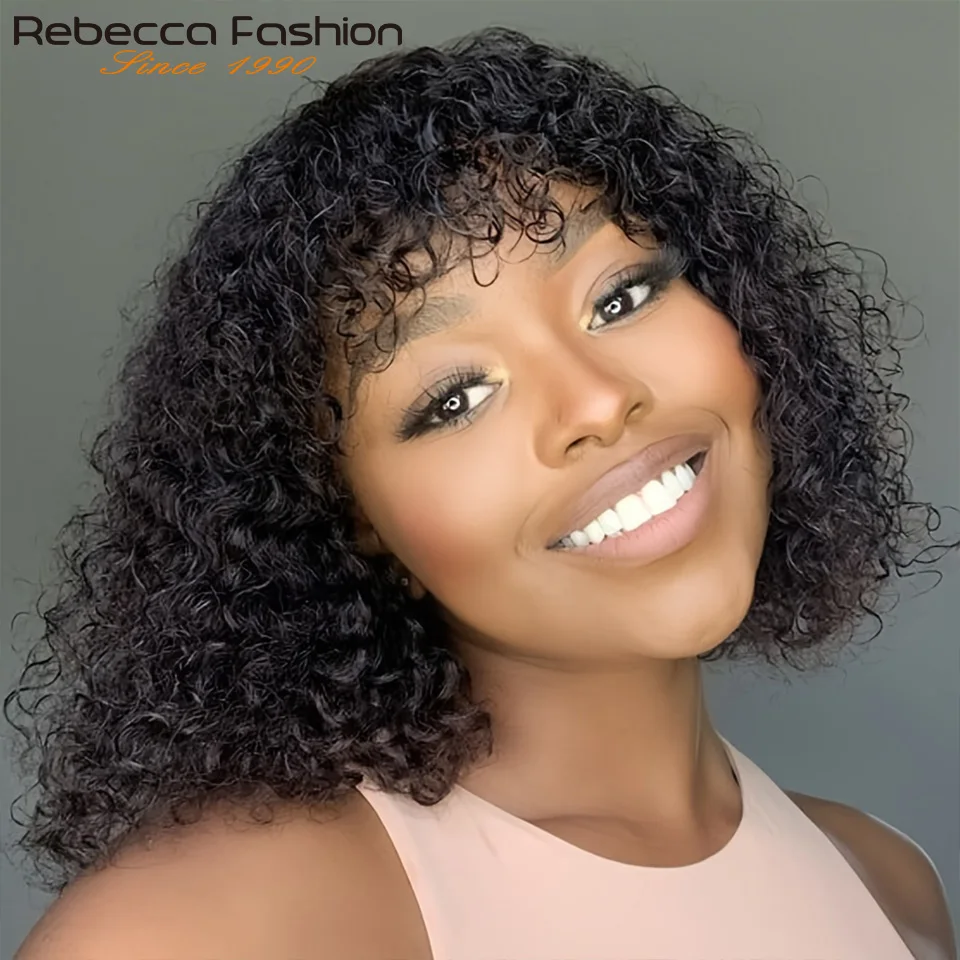 Jerry Curly Short Pixie Bob Cut Human Hair Wigs With Bangs Remy Curly Bob Wigs For Black Women Full Machine Made Wig QVR Hair