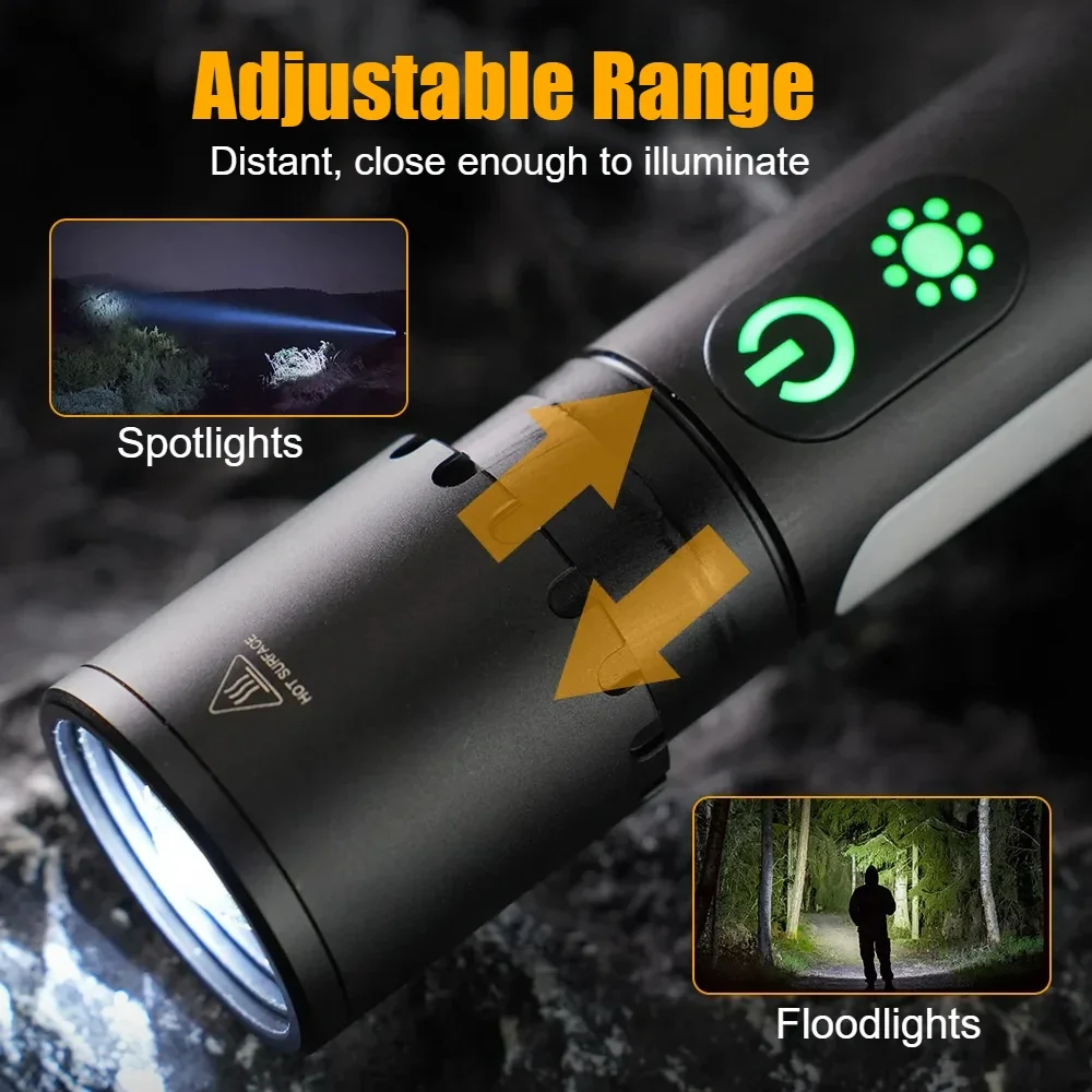 9 Modes LED Flashlight Powerful Zoom Camping Lantren Aluminum Alloy Torch Tactical Outdoor Light with Hooks USB Rechargeable