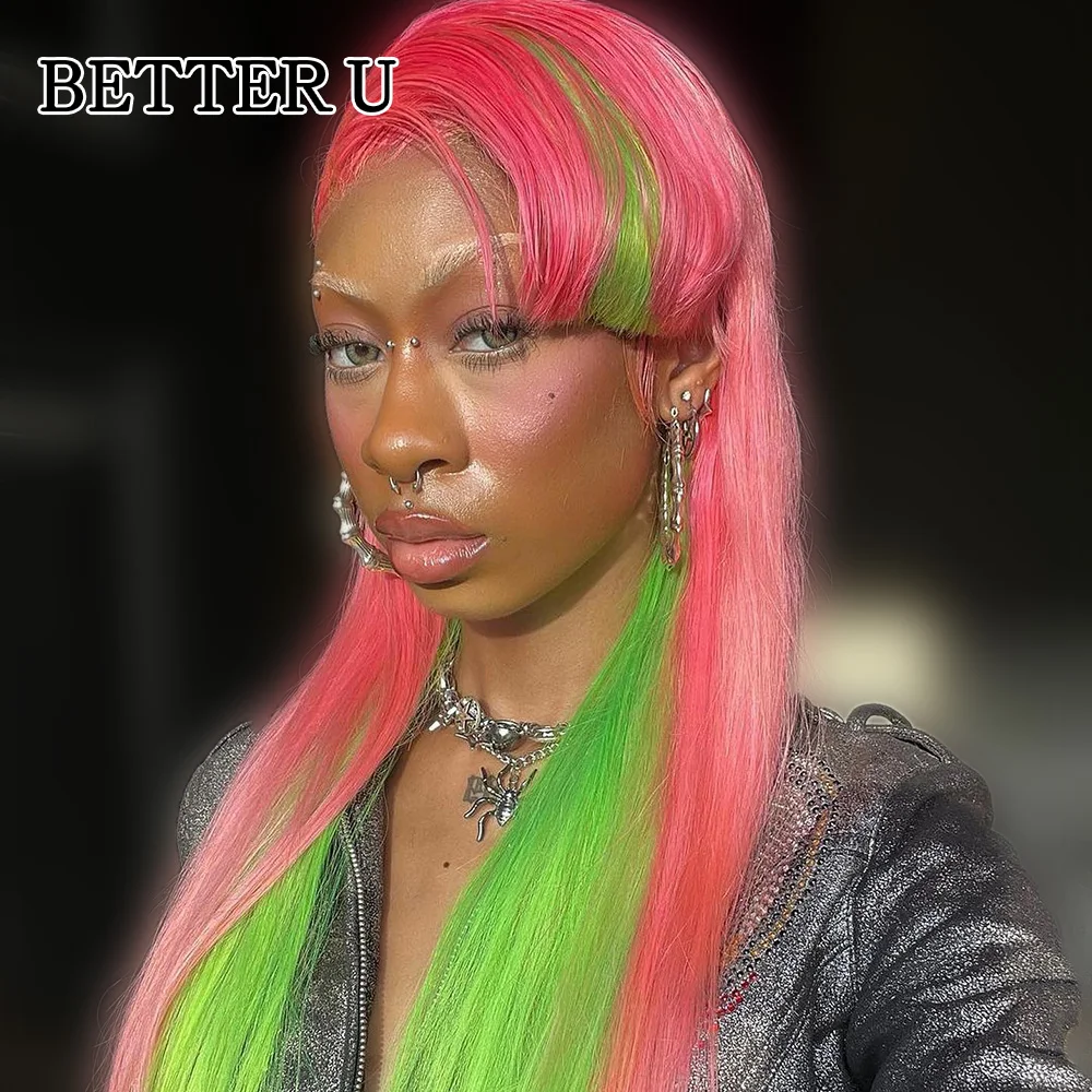 

Highlights Pink Green Straight Lace Front 13x4 13x6 Wigs Real Hair Wigs Women Wigs Pre-Plucking HD Lace Front Wigs