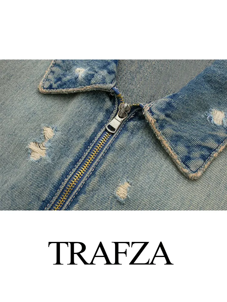 Trafza-デニムジャケット,婦人服,装飾,ショート,ファッショナブル,ラウンドカラー,長袖,ジッパー,ルーズ,秋