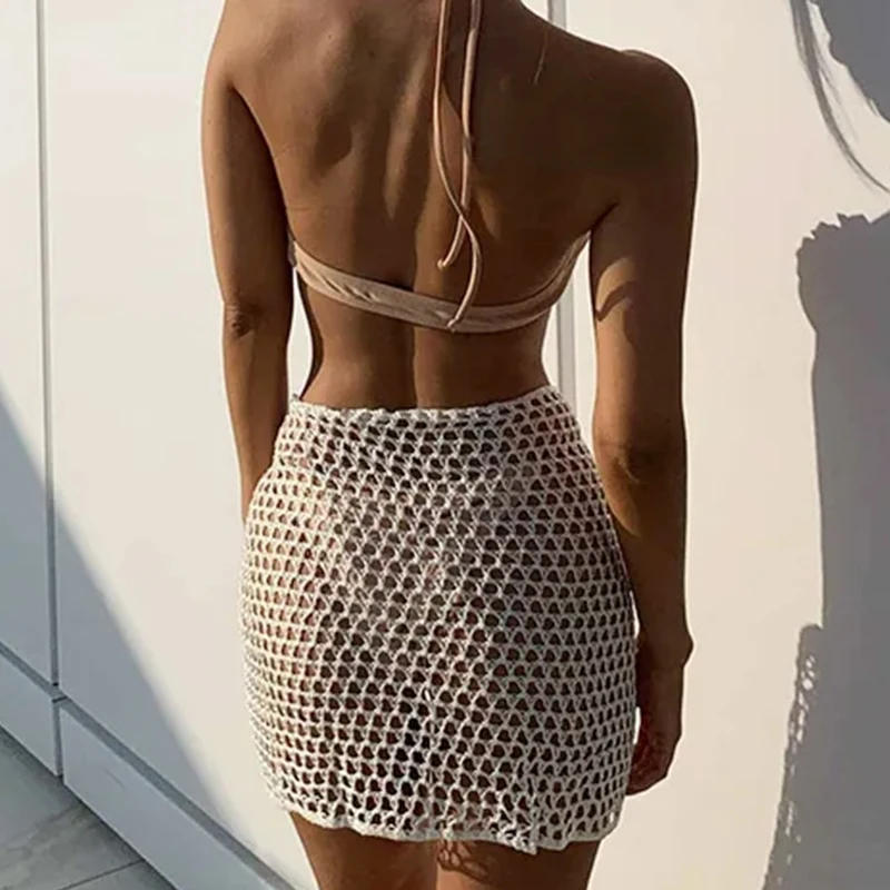 2024 Trend Women Knitted Hollow Out Solid Color Skirt Sexy Beach Sunscreen Short Dress Swimsuit Cover-Ups Bonds Sarong Skirt