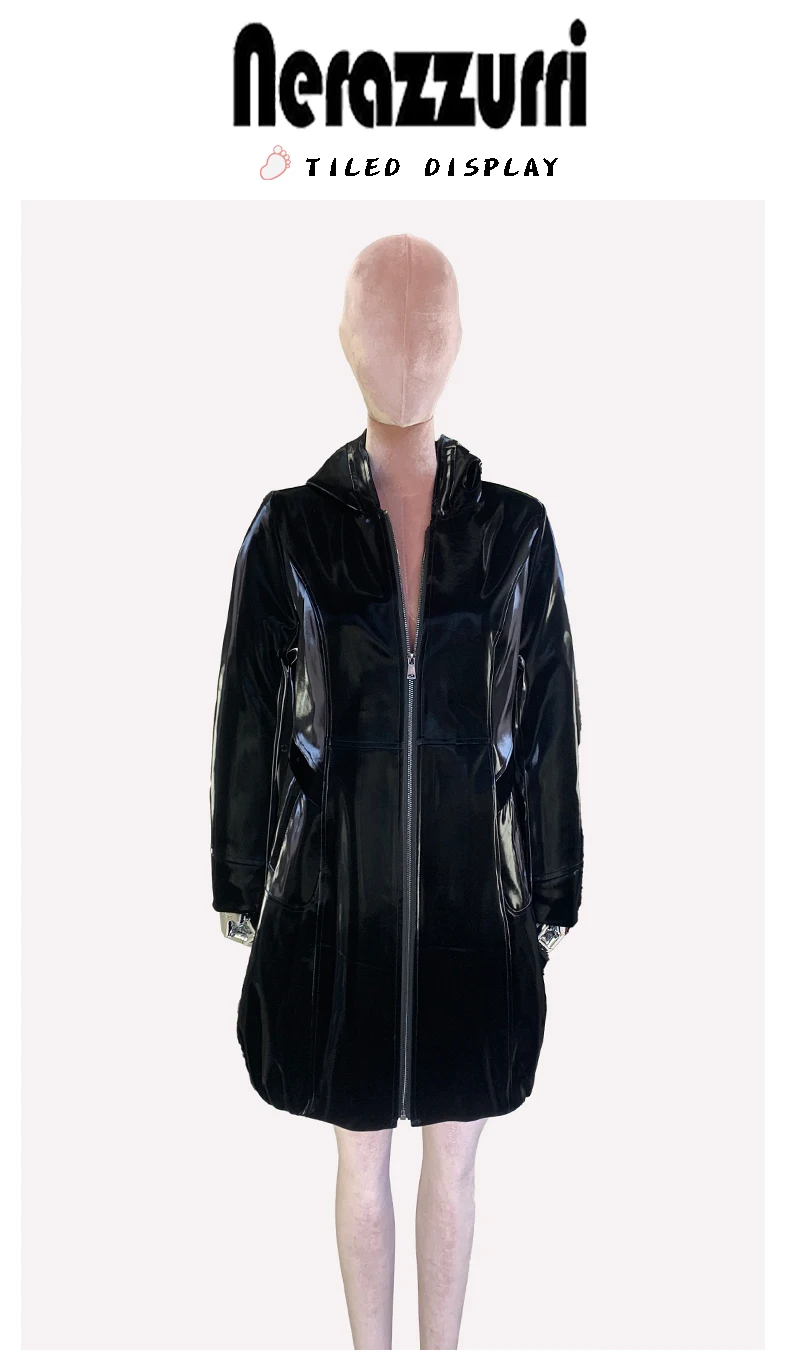 Nerazzurri Spring Fitted Waterproof Shiny Reflective Black Patent Faux Leather Jacket Women with Hood Zipper Red Autumn Clothes