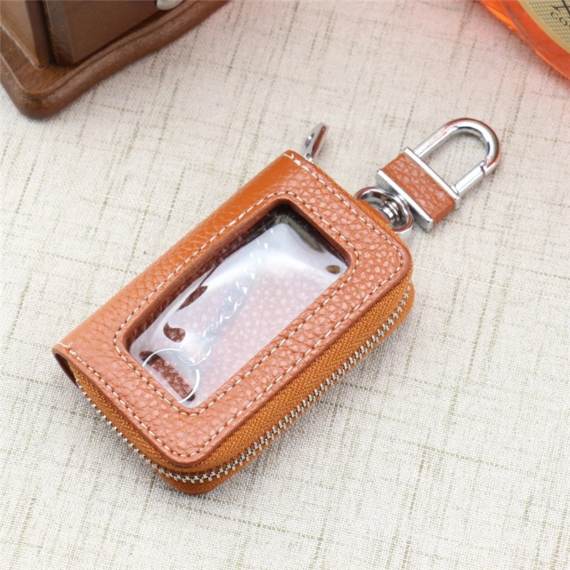 Couro feminino Zipper Square Key Case, Porta-chaves do carro, Organizador de casa, Saco de janela transparente, Cadeia carteira