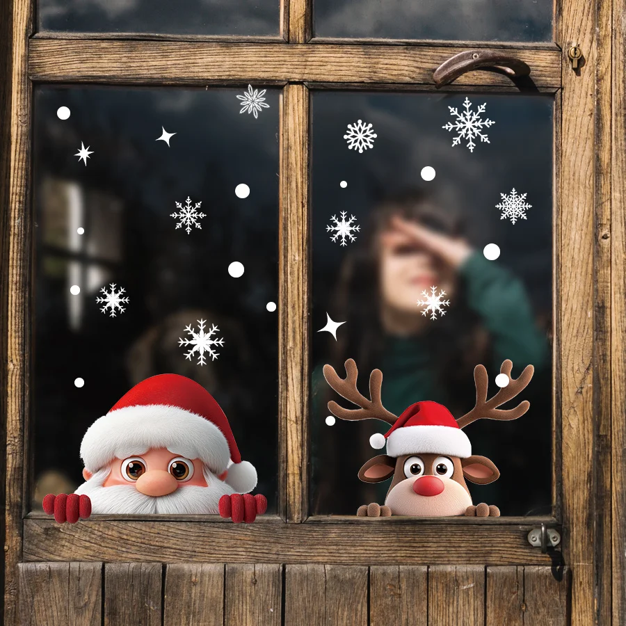 2 Stück Weihnachts-Fensteraufkleber, Weihnachtsmann & Rentier, die hinaussehen - Abnehmbare, rückstandsfreie, doppelseitige statisch haftende Aufkleber
