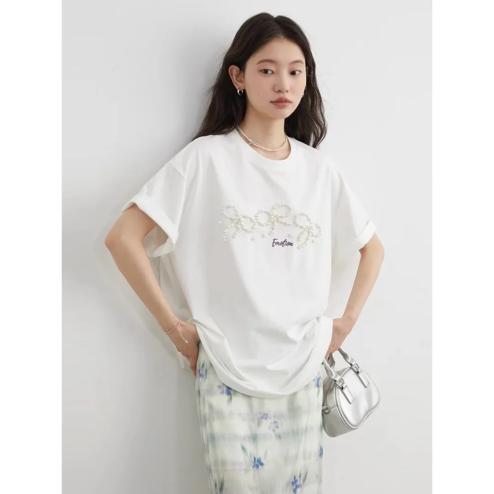 Damskie luźne koszulki T-shirty z krótkim rękawem, nowe, oryginalne, z perłową kokardą, zdobione koralikami, fajne damskie topy na lato.