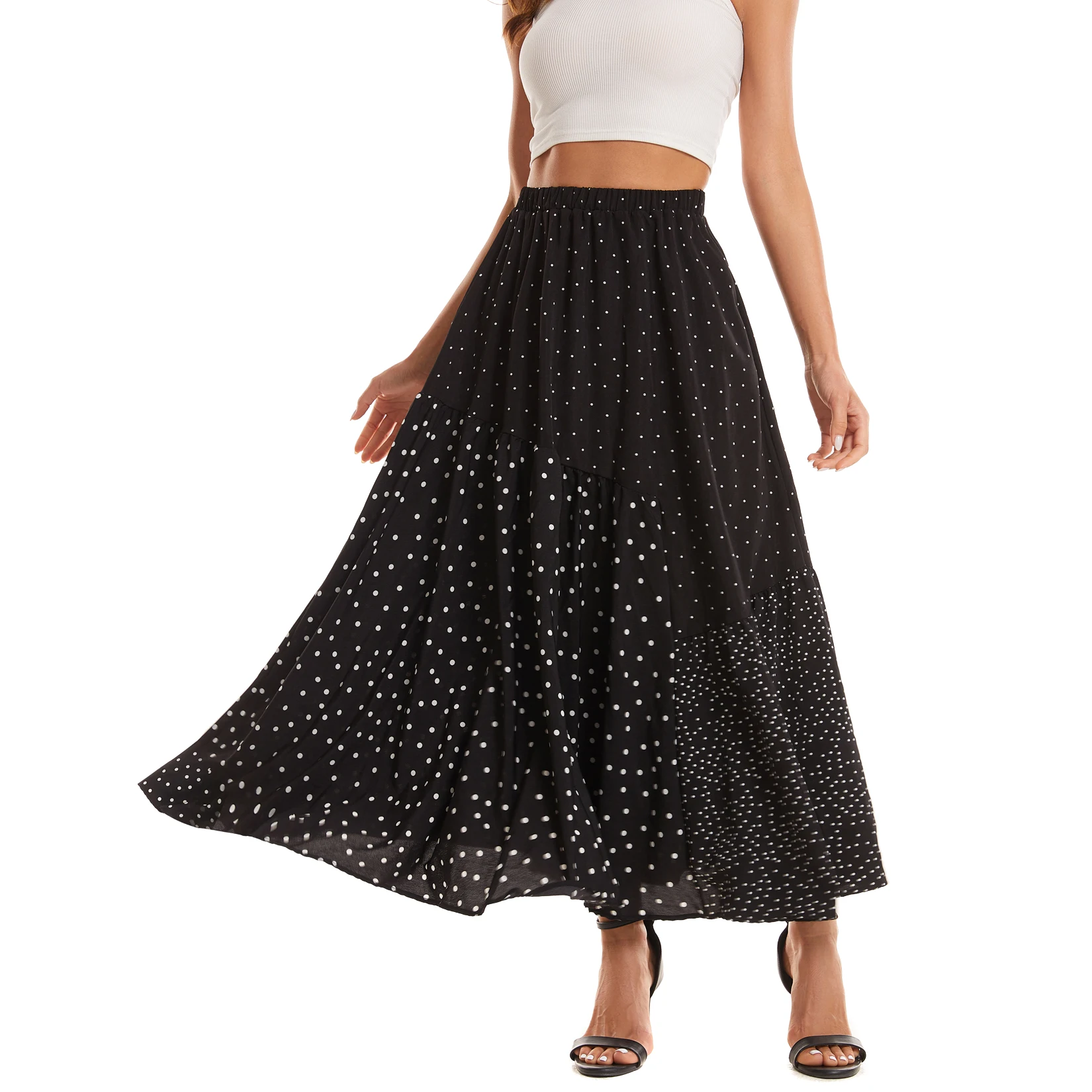 تنورة متوسطة الطول منقطة مرقعة مع بطانة - لوحات غير متماثلة مبطنة بشكل واسع بطول الكاحل وخصر مرن #1