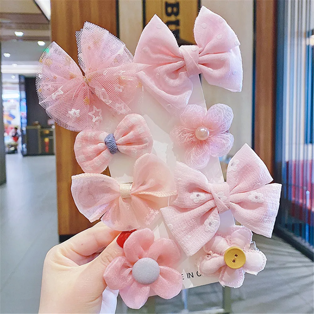 8pcs Children\'s Hairpin Mesh Cute Baby Girl Bow Flower Princess Side Clip Kids Accessories Set