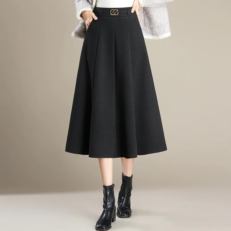 

High Waist A-Line Midi Skirt Women's Woolen Tweed Pleated Umbrella Skirt Cover Hip Spring Autumn New Sle Commute Sle