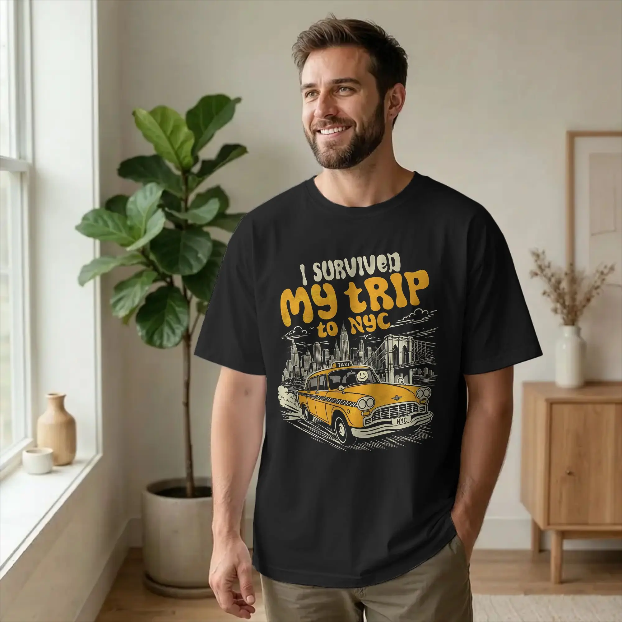Summer Clothing Nyc - ヴィンテージ風面白いプリント「ニューヨーク旅行を生き延びた」Tシャツ メンズ ラウンドネック 半袖 コットン製 夏用トップス