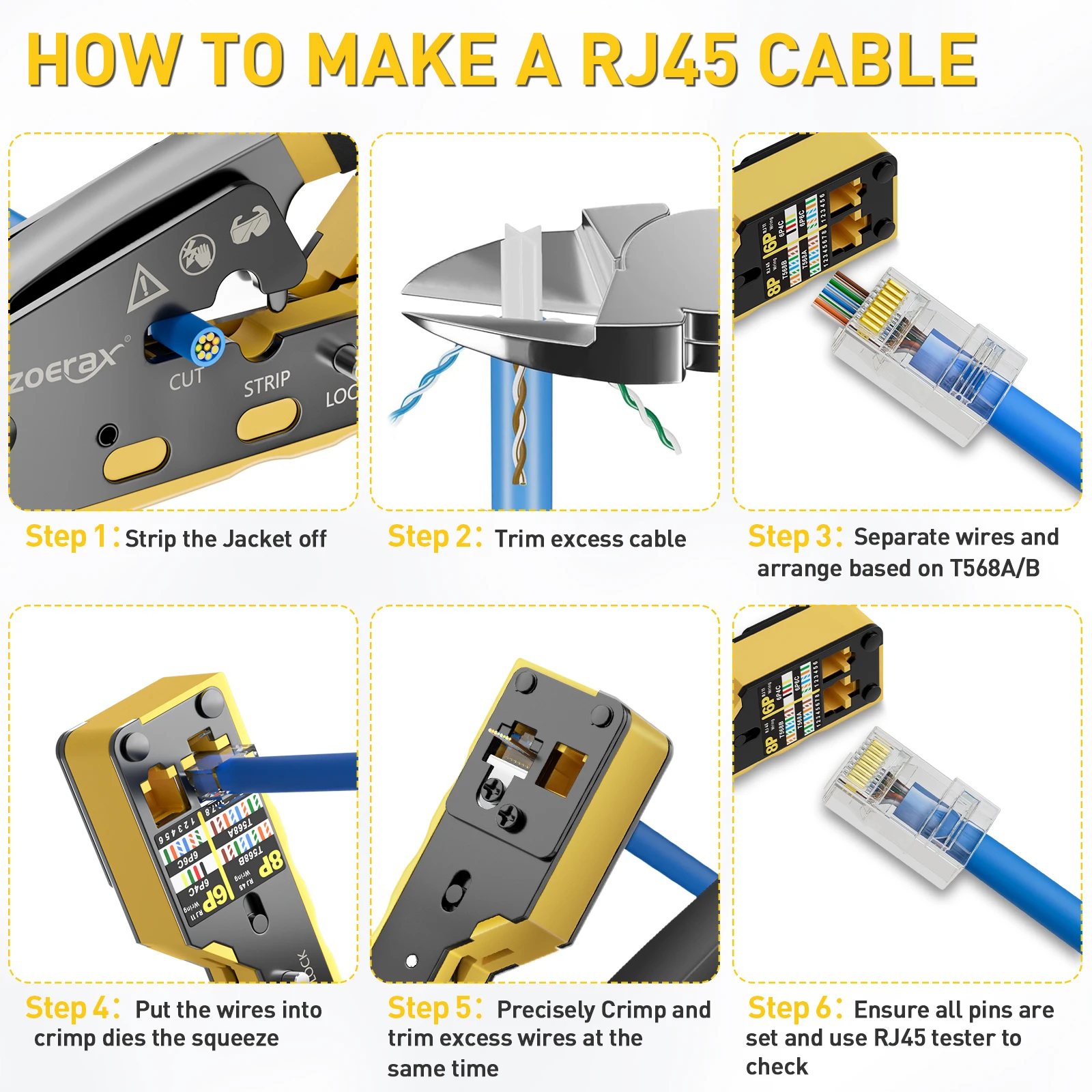 Zoerax rj45 passar através do jogo de ferramentas de friso, cat6 cat6a cat5 cat5e ethernet kit de ferramentas de friso com um 8p/6p ethernet crimper
