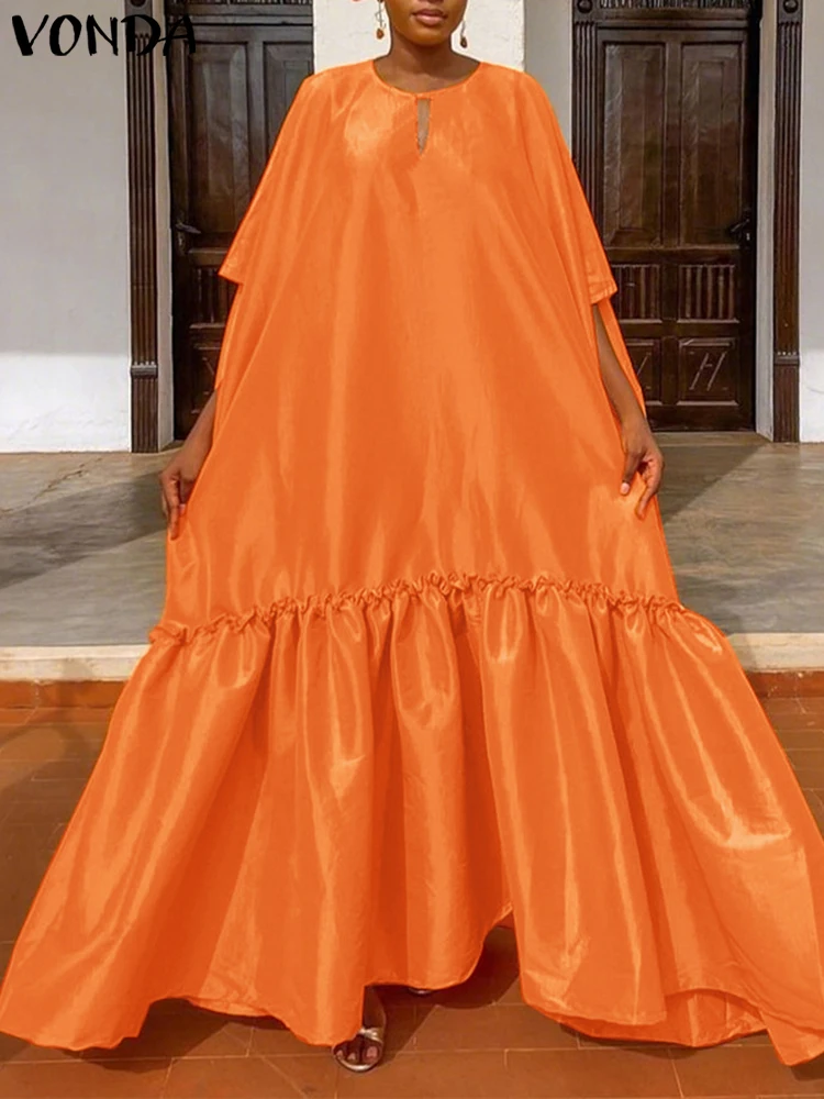 فوندا الصيف فستان طويل للحفلات المرأة نصف كم الساتان ماكسي فستان الشمس 2025 تكدرت أنيقة الصلبة عادية جوفاء فيستدوس المتضخم