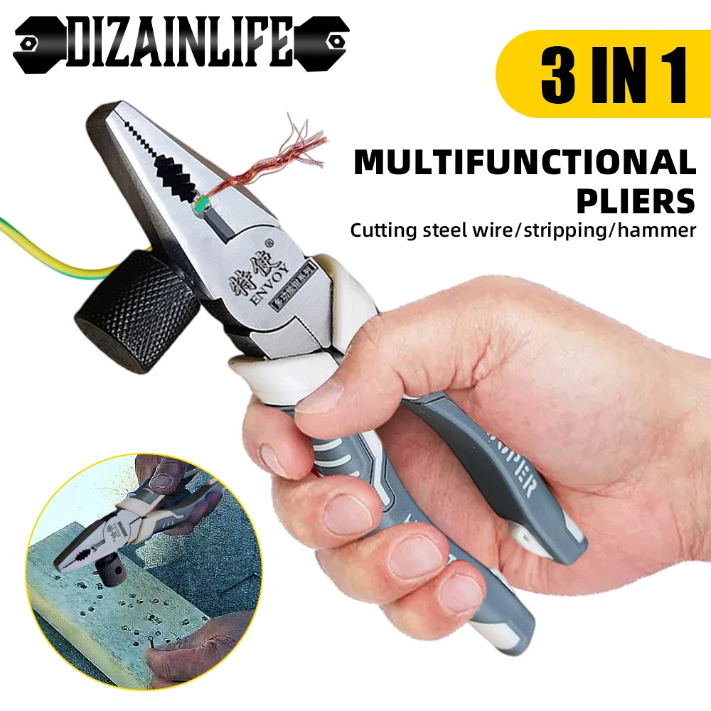 3 in1 Electrician Specific Wire Stripping Plier Terminal Crimping Function Wire Cutting Stripper Cable Crimper Plier with Hammer