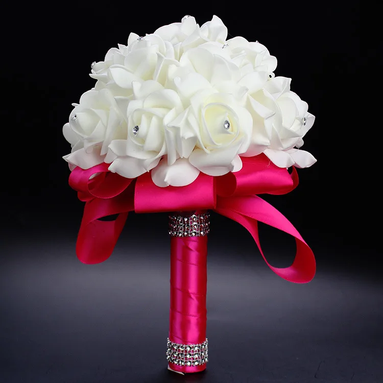 Super Deal ~ Brilliant CZ Diamant Verziert Clssic Creme Rosen mit Multi-farbe Band Griff Hochzeit Werfen Bouquet 1185