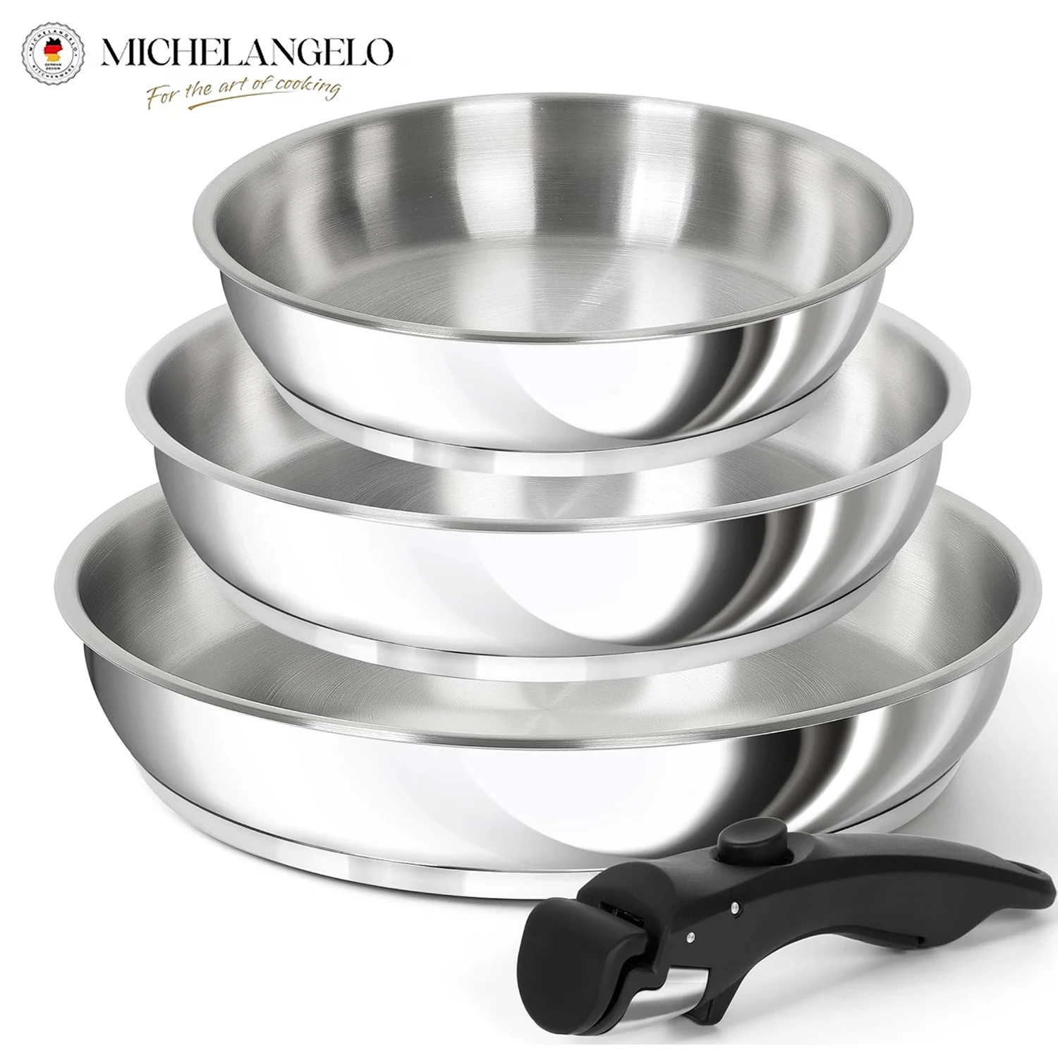 MICHELANGELO Stainless Steel Frying Pan Set 8/9.5/11Inch Cooking Pans with Removable Handle Induction Compatible