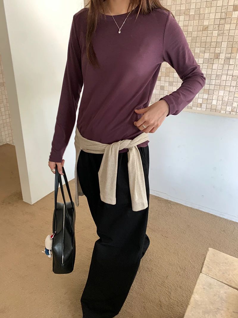 Spring Women's Casual Solid Color Round Neck Long Sleeved Slim Fit T-Shirt