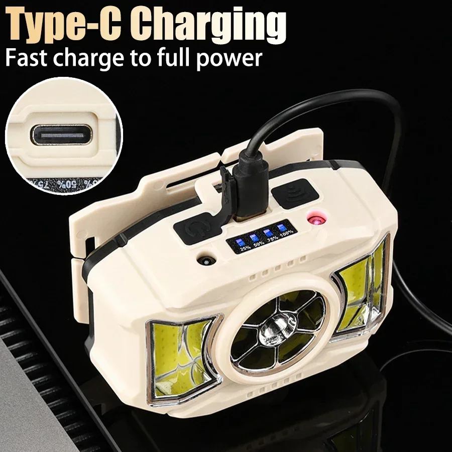 Linterna frontal recargable 1200mAh tipo C carga rápida IPX4 impermeable diseño manos libres múltiples modos de iluminación linterna frontal compacta