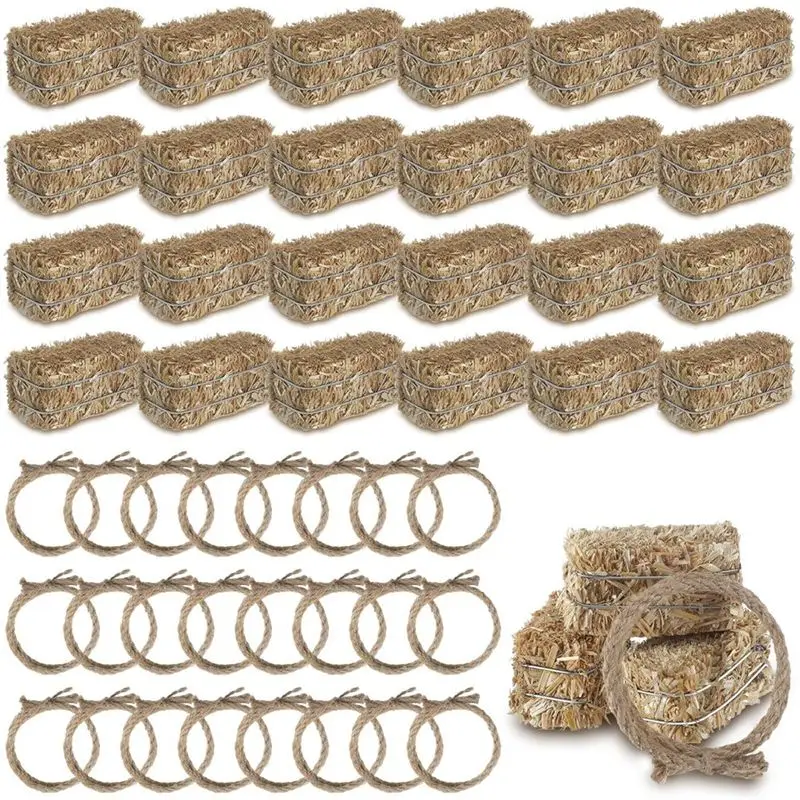 AT44-Conjunto de centros de mesa estilo vaquero - 24 piezas de 12 pacas decorativas de heno y 12 cuerdas de cáñamo trenzadas para una fiesta con temática del oeste