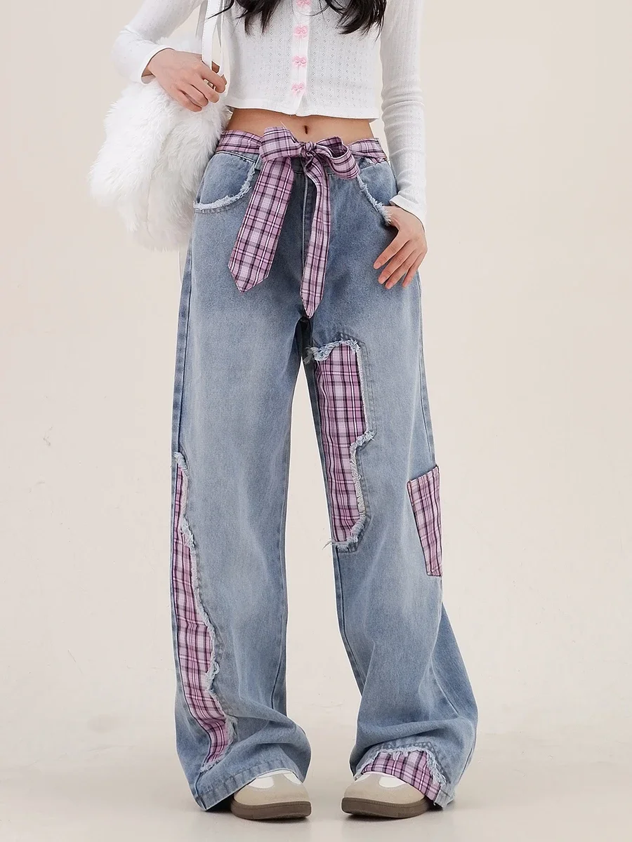 

Bow Strap Plaid Splicing Jeans 2024 Autumn New Loose Bf Trendy Brand Wide-leg Women