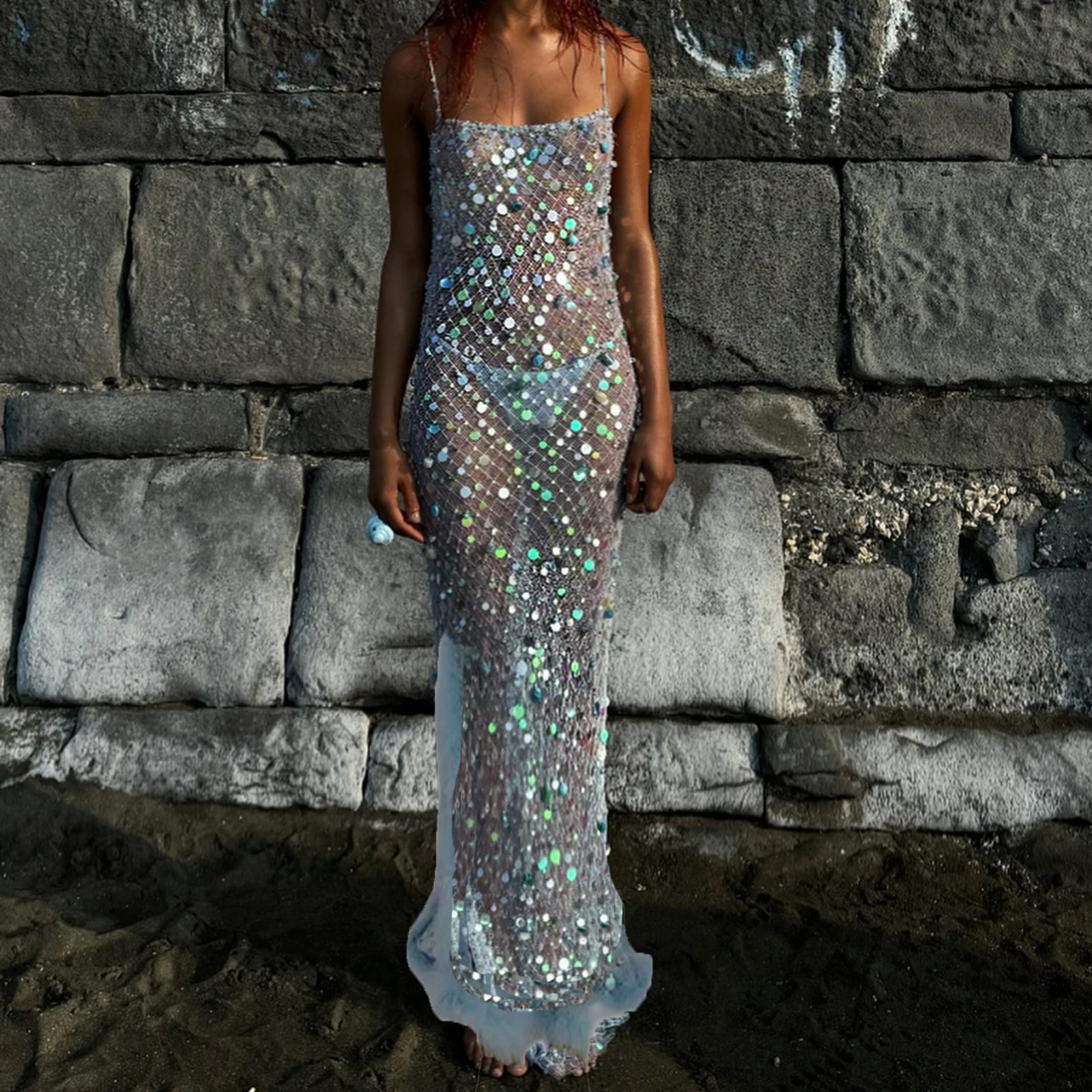 Combhasaki Women Summer Adjustable Spaghetti Straps Backless Shiny Sequins See-through Sheer Side Split Feather Trim Long Dress