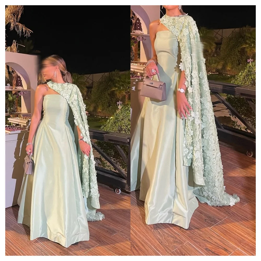 

Customized Exquisite Green Satin Evening Dress High Quality Strapless Sleeveless Delicate Floor Length Straight Celebrity Gowns