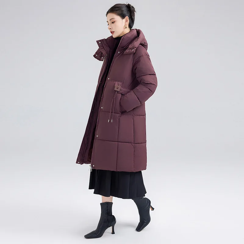 Nuovi piumini lunghi con cappuccio Abbigliamento Colletto alla coreana da donna Cappotto caldo addensato Piumino elegante invernale tinta unita femminile