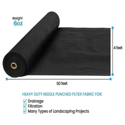 4ft x 50ft & 6oz Geotextile Fabric, Geotextile Landscape, PP Drainage 350N Tensile Strength & 440N Load Capacity