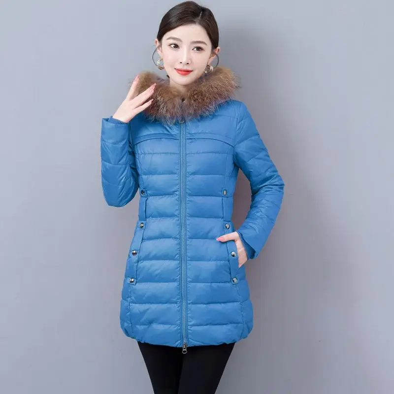 Doudoune à capuche avec col en fourrure pour femme, pardessus coupe couvertes, version mi-longue, vêtements d'extérieur chauds, parkas pour femme, optique, manteau d'hiver, nouveau, 2023