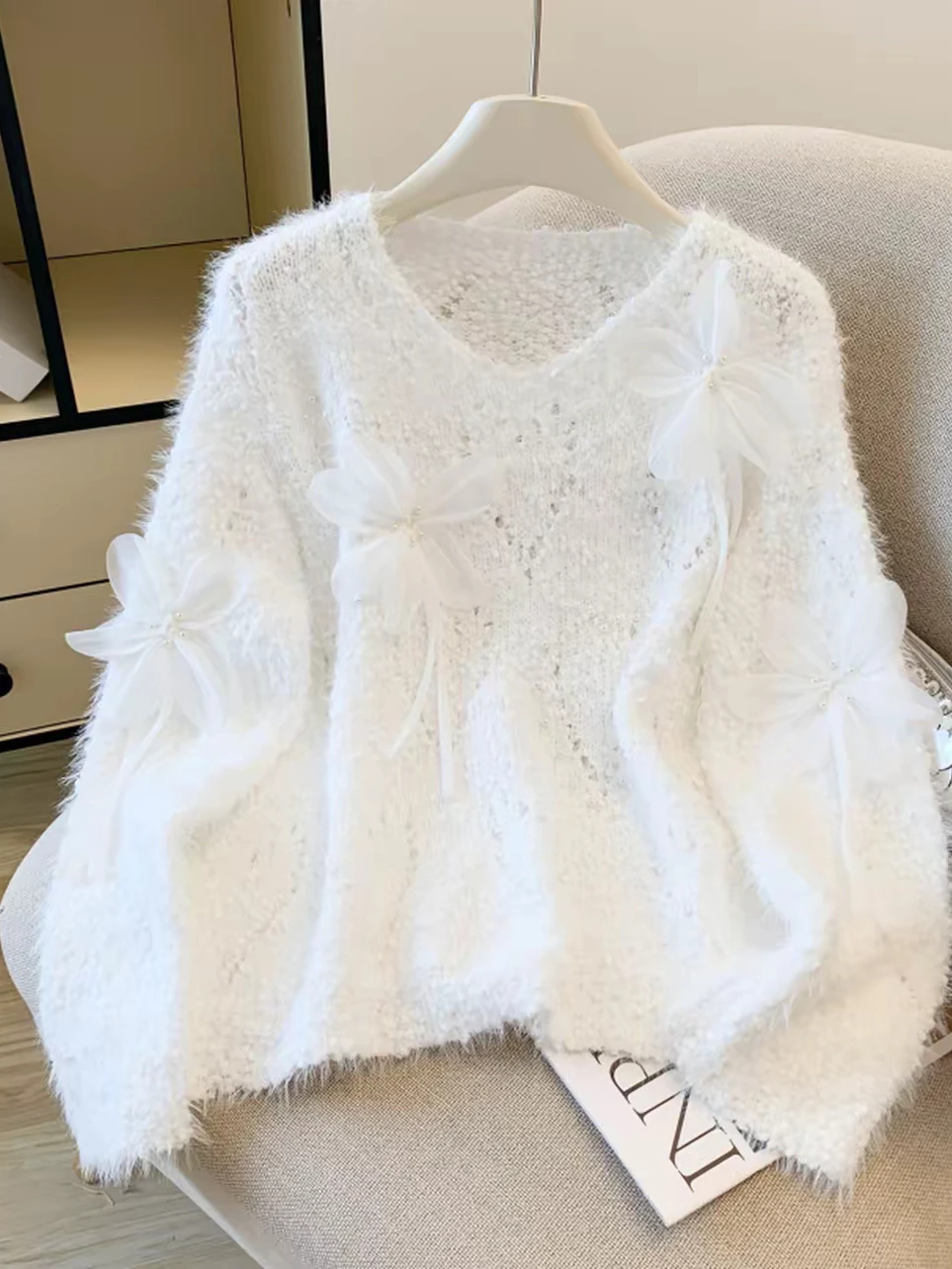 Roze gebloemde gebreide trui dames herfst winter nieuwe Sle zoete zachte veelzijdige gebreide kleding topontwerp sensatie pendelen sle...