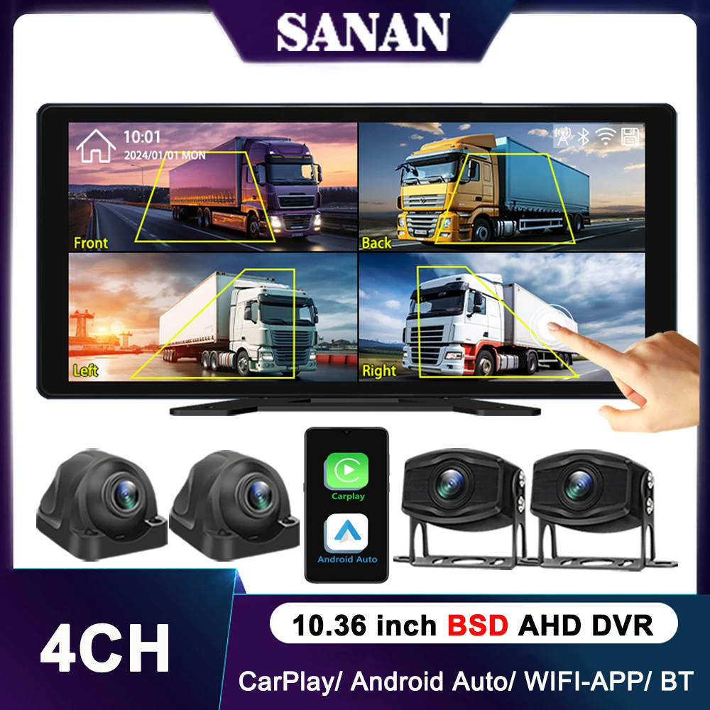 10.36 Inch Bus Truck DVR With CarPlay/ Android Auto, 4-Channel 1080P AHD Camera Recorder BSD Alarm WiFi APP 24H Parking Monitor