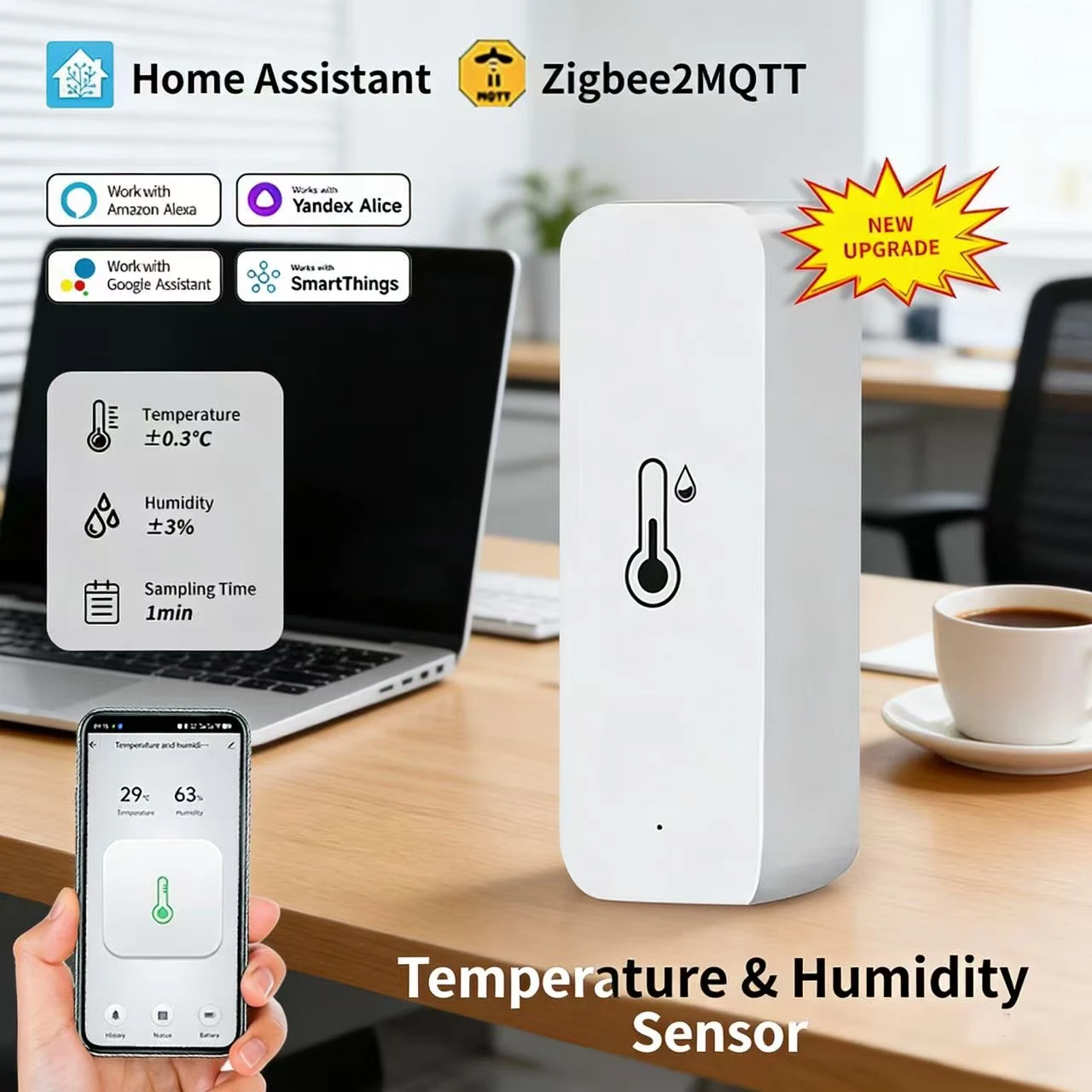 

Upgraded Zigbee 3.0 2MQTT Temp Humidity Monitor with 1min Sampling Works with Google Assistant SmartThings