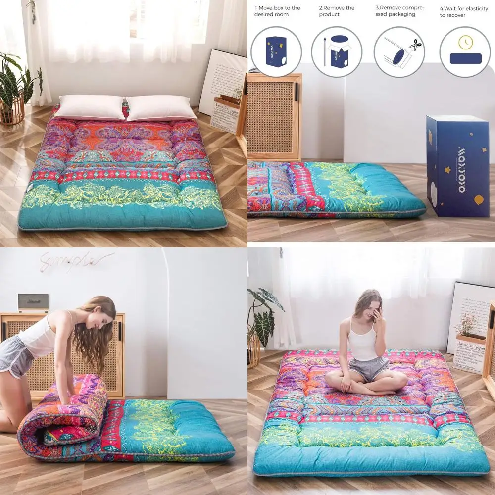 

Retro Boho Floral Futon Mattress, Japanese Tatami Floor Mat, Foldable Portable Camping Sleeping Pad, Lounger Couch Bed Full Size