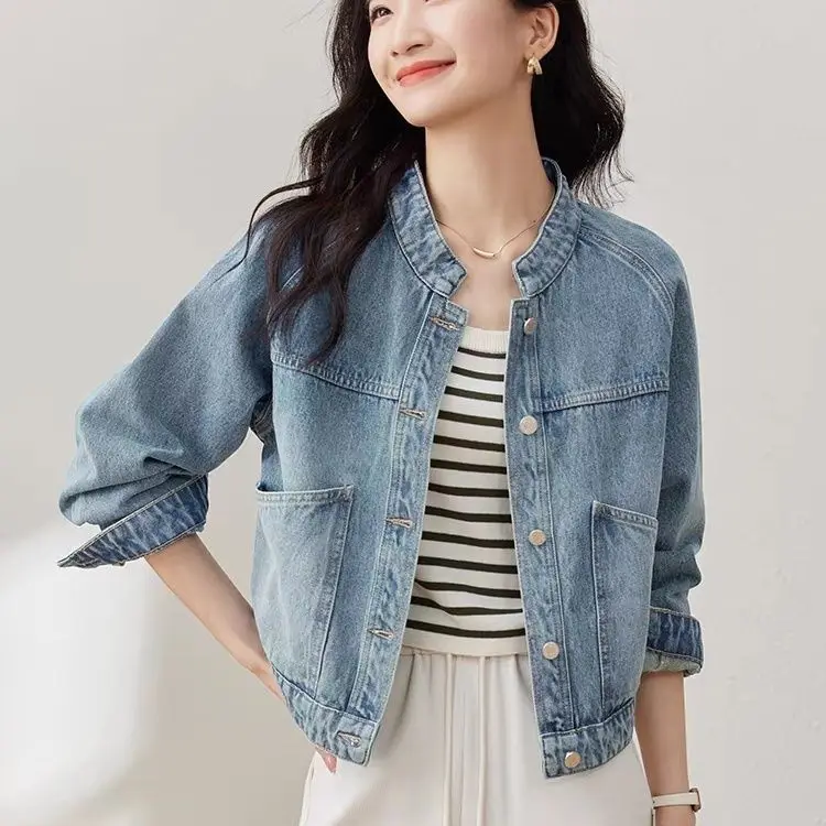 

Korea Cropped Denim Jacket Coat for Women 2024 Spring Casual Stand Collar Long Sleeve Cotton Jeans Jackets Outwear