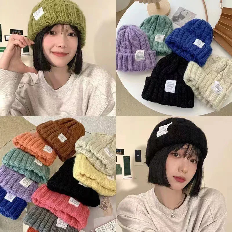 Autumn Winter Knitted Hats for Women Twist Stripe Woolen Beanie Hat Warm Thicken Ear Protection Pullover Cap Fashion Knit Bonnet