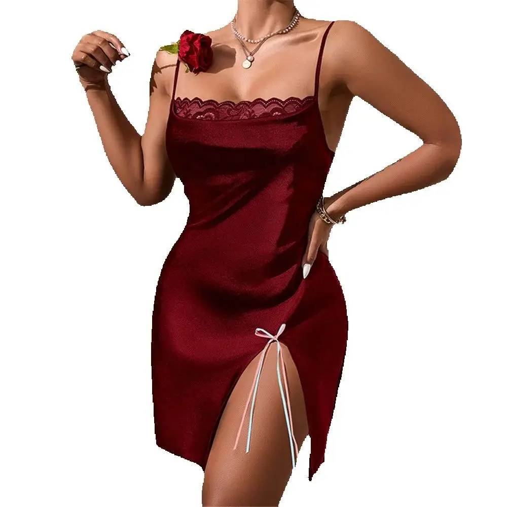 

Summer Solid Color Female Suspender Nightgown Sexy Mini Chemise Sleepwear Nightdress Split Satin Sleepwear Lounge Wear Homewear