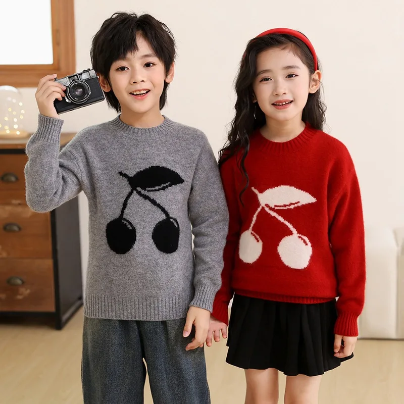 Double-Strand Thickened Wool Half Turtleneck Men's and Women's Same Sweater Cherry Embroidered Pullover Sweater Fashion