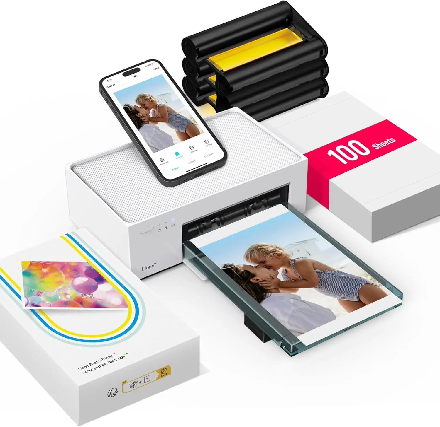 

4x6'' Portable Photo Printer, Full-Color Thermal Dye Sublimation, Wi-Fi for iPhone Android, Includes 100 Sheets & 3 Cartridges