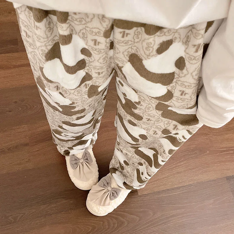 

Panda Brown Fluffy Pajamas Pants Women Christmas PJ Pants Cute Soft Warm Flannel Sleepwear Korean Kawaii Pyjamas Home Trousers