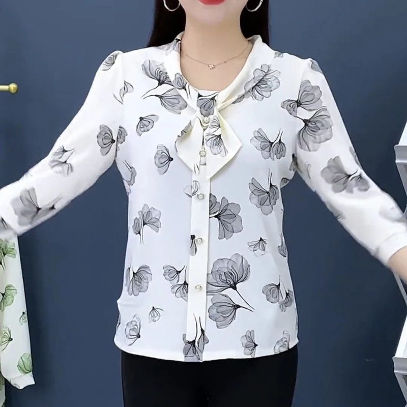 2023 Women Bow Floral Print Elegant Blouses Summer Casual 3/4 Sleeve with Button Shirts Loose Chiffon Tops Blusa Mujer Moda 2023